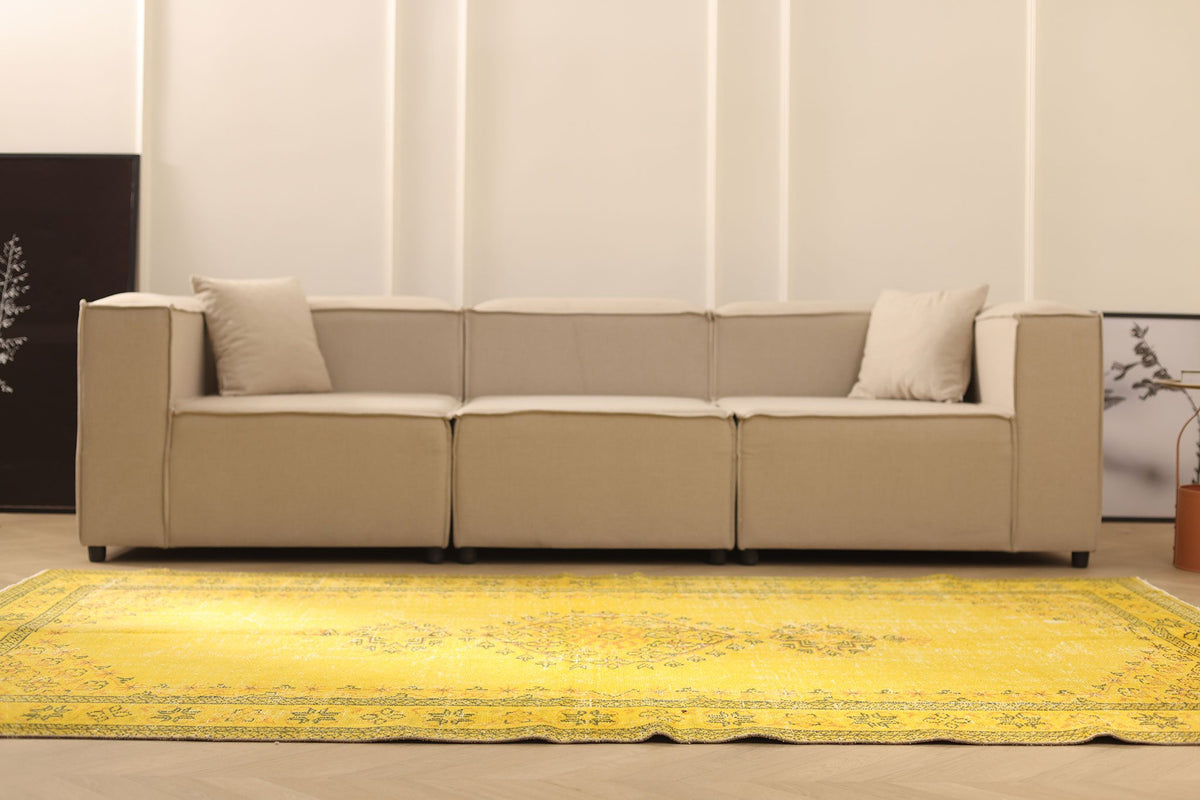Vintage Manisa Turkish Area Rug 6x9 ft — Yellow & Brown Overdyed
