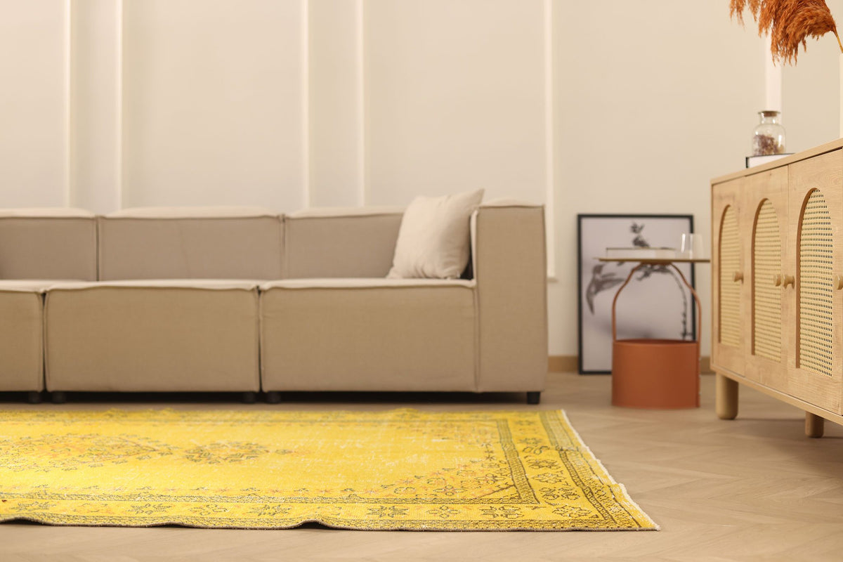 Vintage Manisa Turkish Area Rug 6x9 ft — Yellow & Brown Overdyed