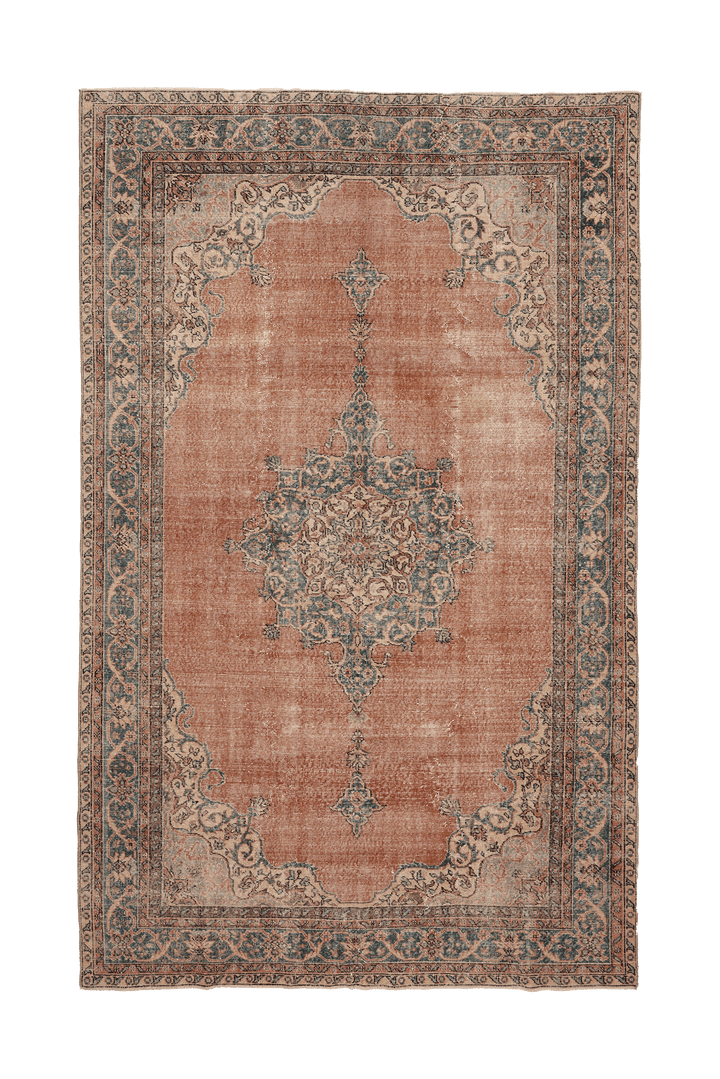 Vintage Isparta Turkish Area Rug 7x11 ft — Orange & Blue Floral
