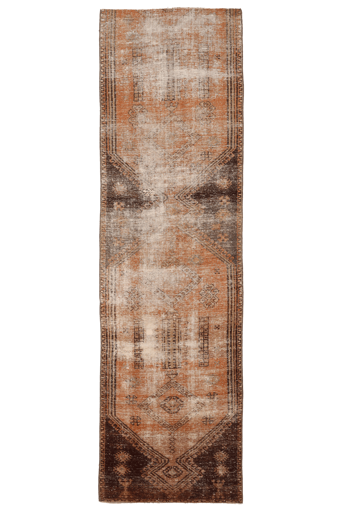 Vintage Malatya Turkish Runner Rug 2x9 ft — Orange & Brown Distressed