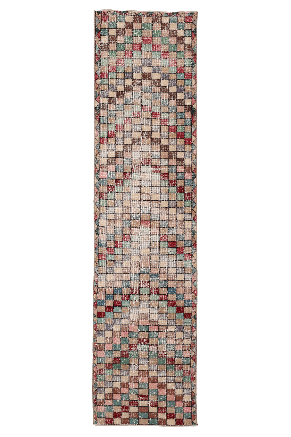 Vintage Isparta Turkish Runner Rug 2x8 ft — Beige & Pink Geometric