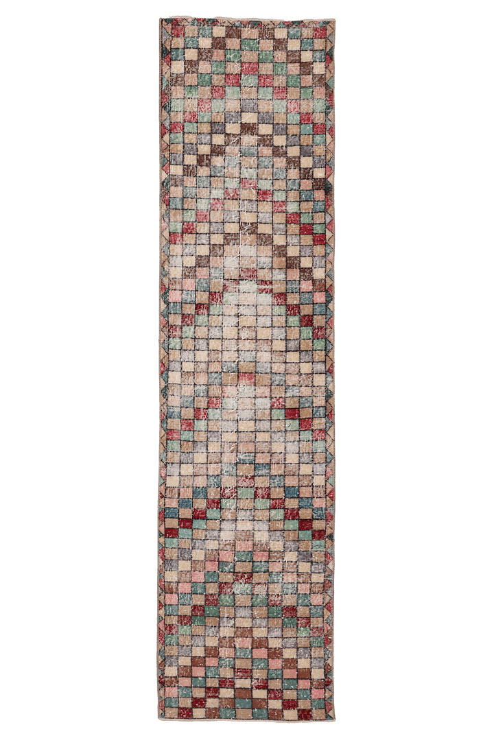 Vintage Isparta Turkish Runner Rug 2x8 ft — Beige & Pink Geometric