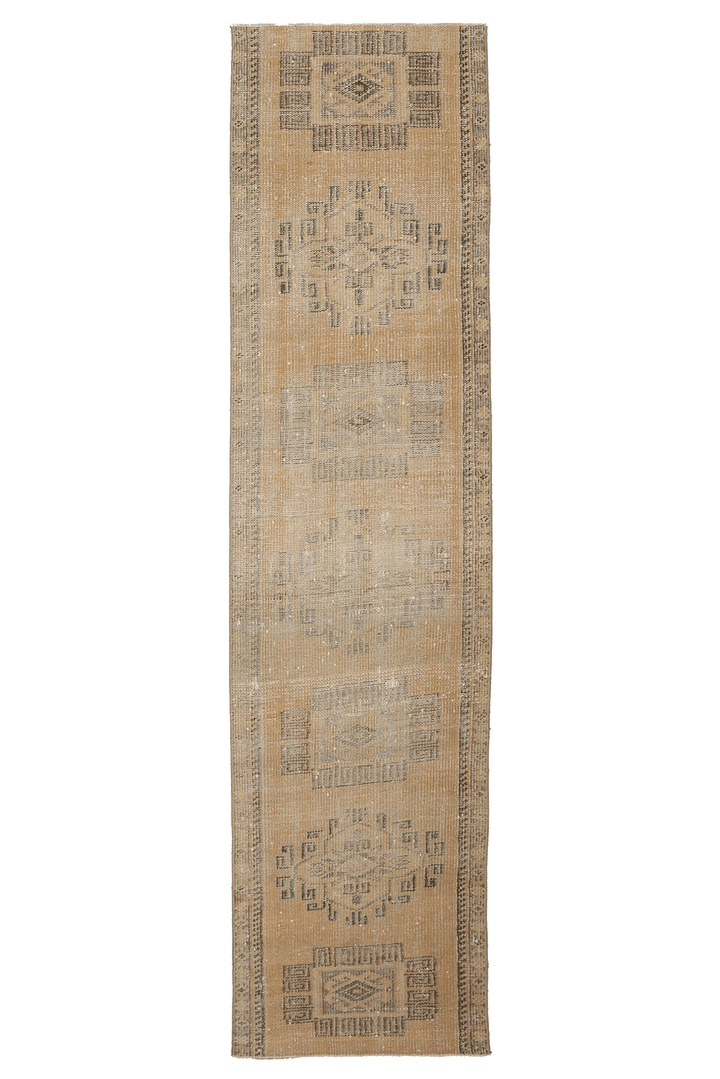 Vintage Manisa Turkish Runner Rug 2x9 ft — Beige & Brown Geometric