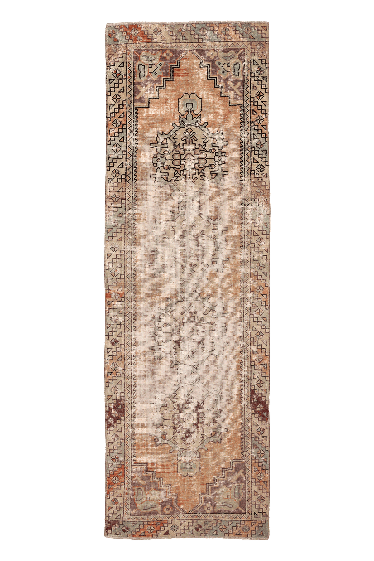 Vintage Niğde Turkish Runner Rug 2x8 ft — Beige & Orange Distressed