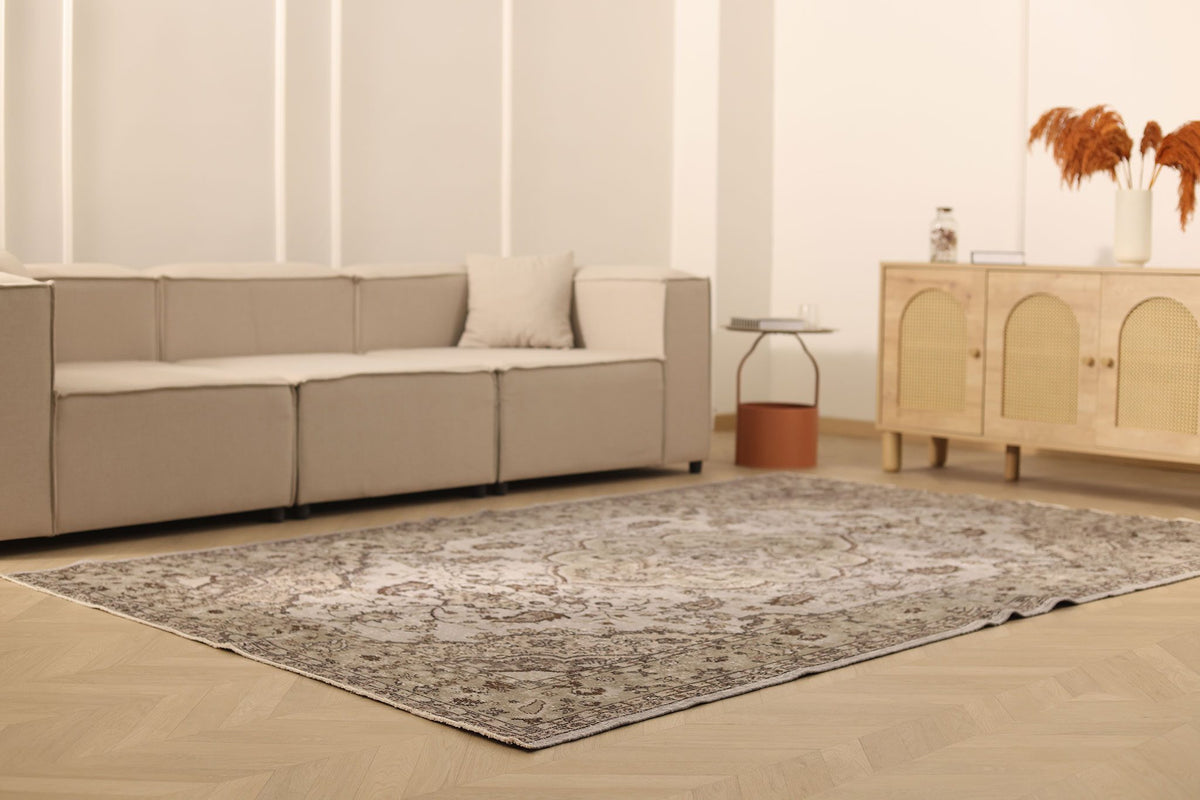 Vintage Isparta Turkish Area Rug 7x10 ft — Gray & Brown Floral