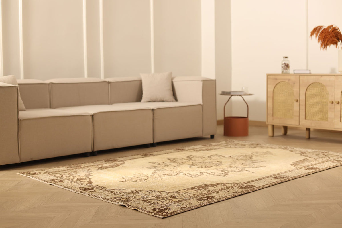 Vintage Isparta Turkish Area Rug 6x9 ft — Beige & Brown Floral