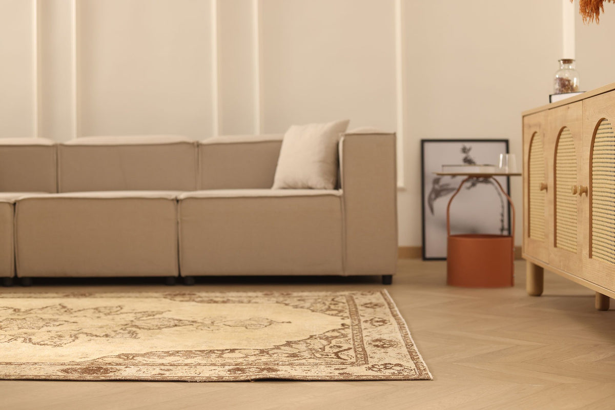 Vintage Isparta Turkish Area Rug 6x9 ft — Beige & Brown Floral