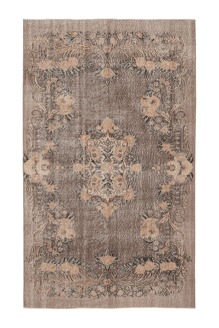 Vintage Isparta Turkish Area Rug 5x9 ft — Brown & Green Floral
