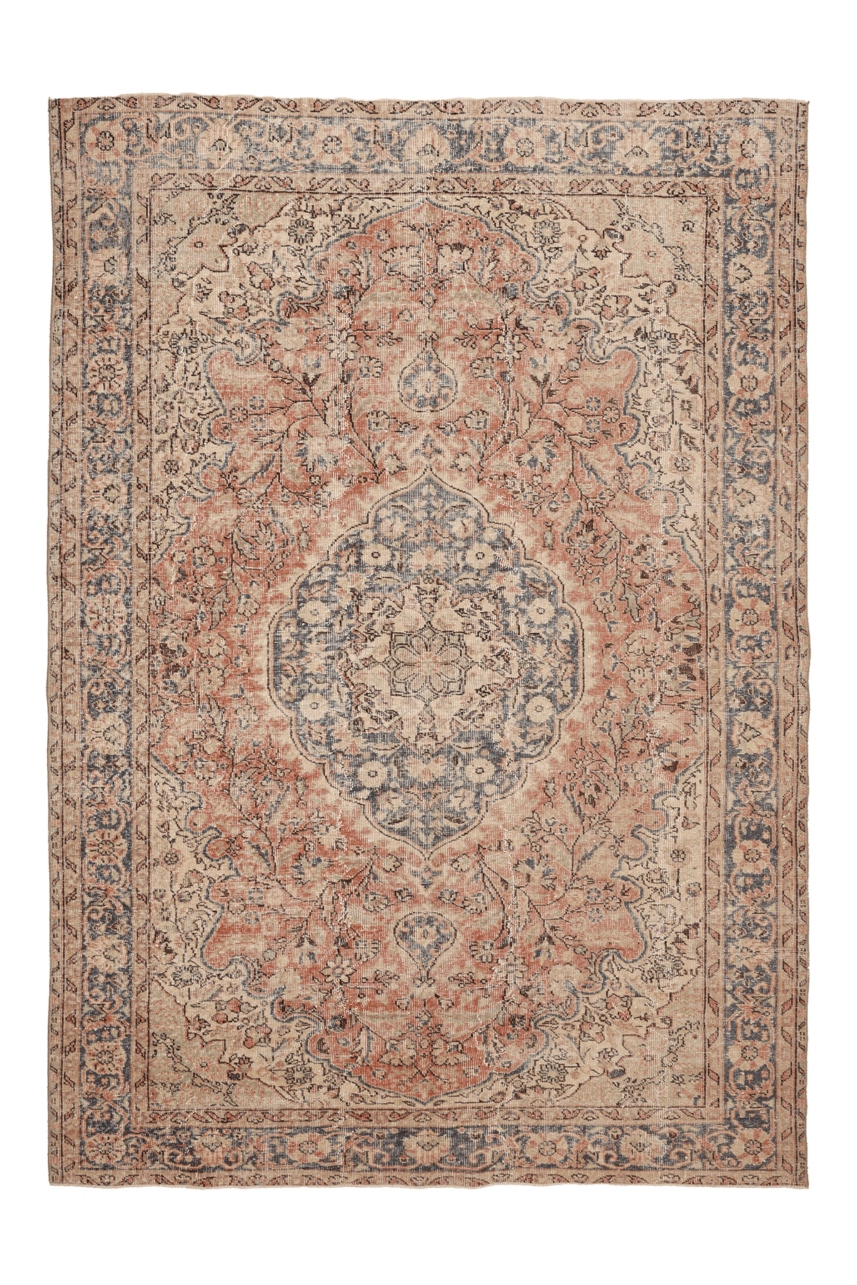 Vintage Isparta Turkish Area Rug 7x9 ft — Beige & Red Floral