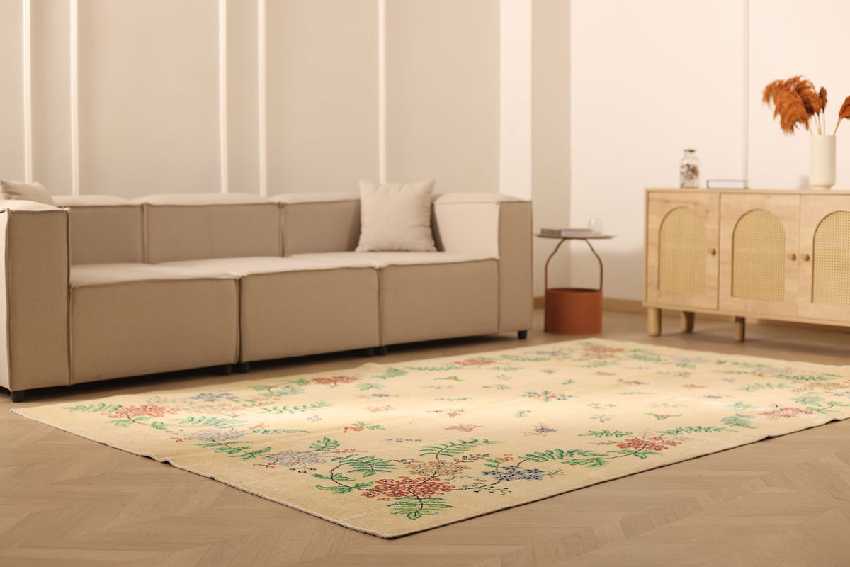 Vintage Isparta Turkish Area Rug 7x10 ft — Beige & Yellow Floral