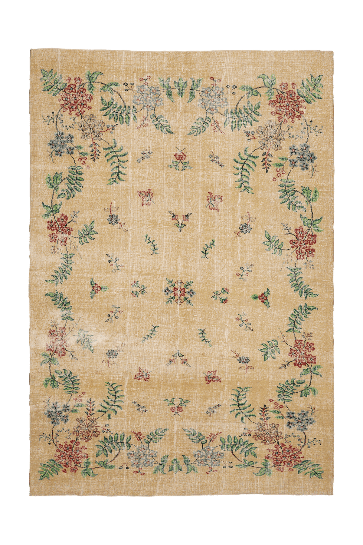 Vintage Isparta Turkish Area Rug 7x10 ft — Beige & Yellow Floral