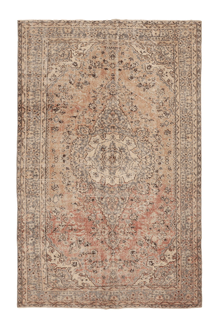 Vintage Isparta Turkish Area Rug 6x9 ft — Beige & Red Floral