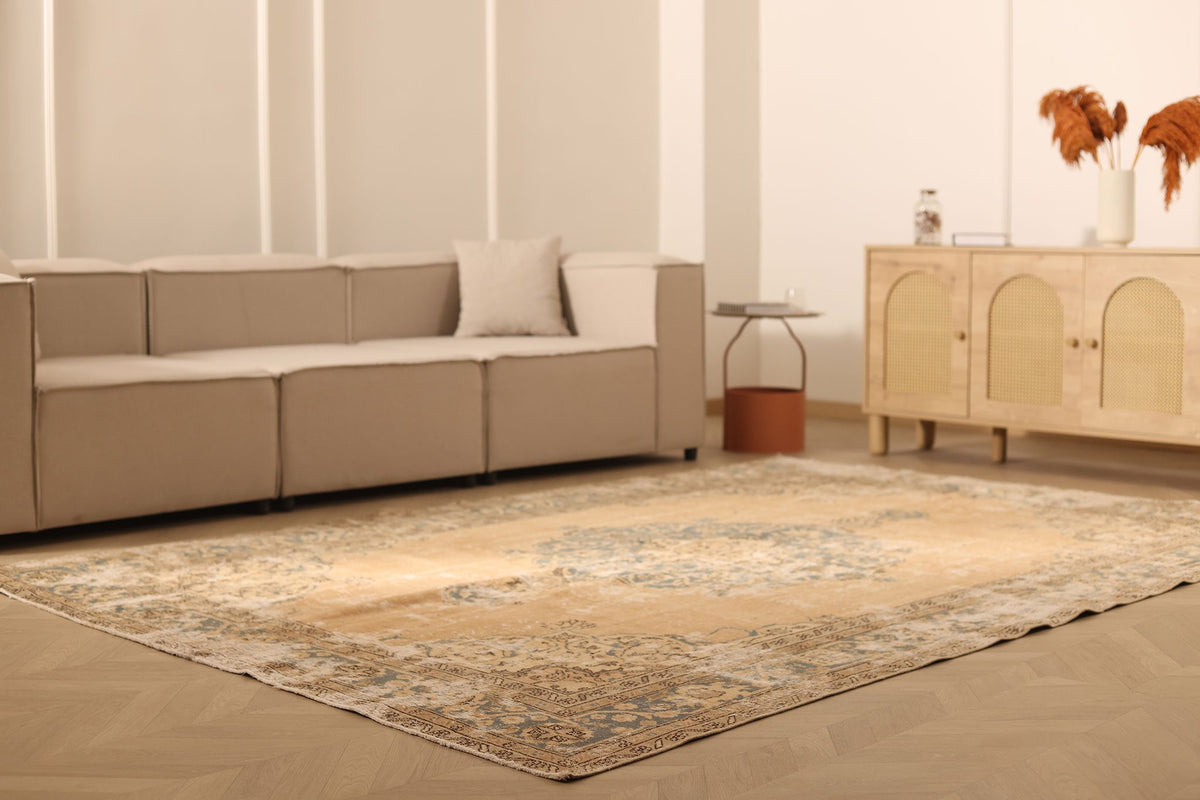 Vintage Isparta Turkish Area Rug 7x10 ft — Beige & Brown Floral