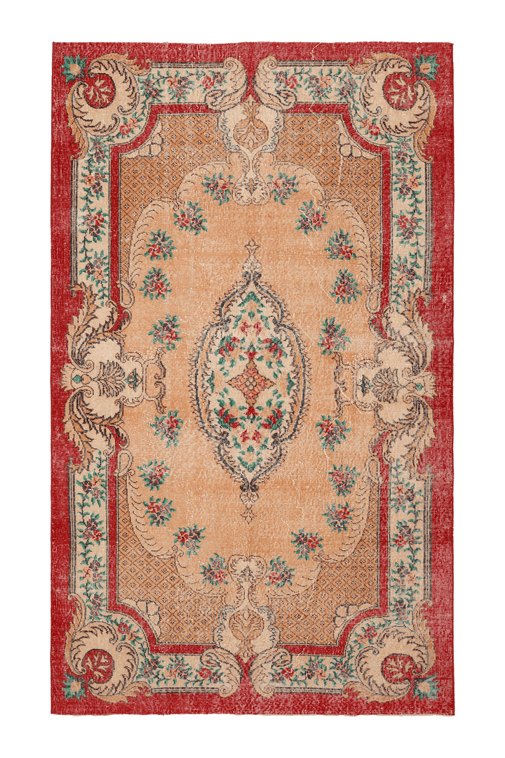 Vintage Isparta Turkish Area Rug 5x9 ft — Orange & Red Floral