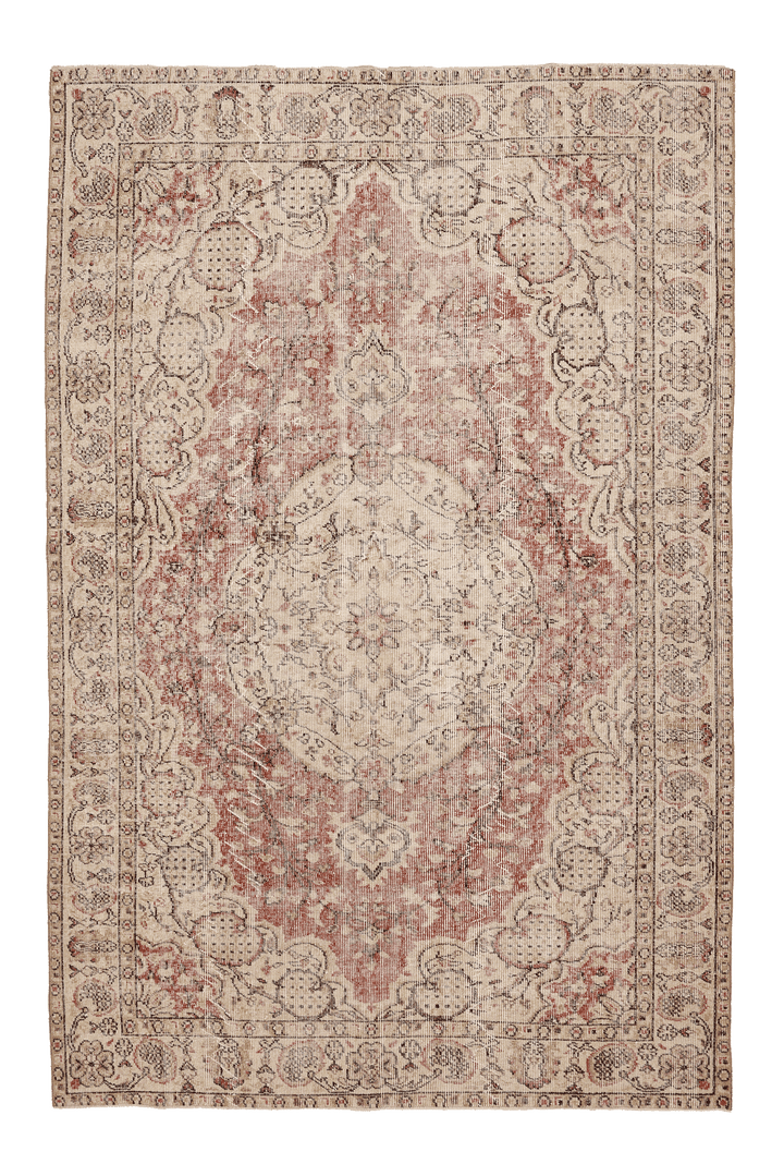 Vintage Isparta Turkish Area Rug 6x9 ft — Beige & Red Floral