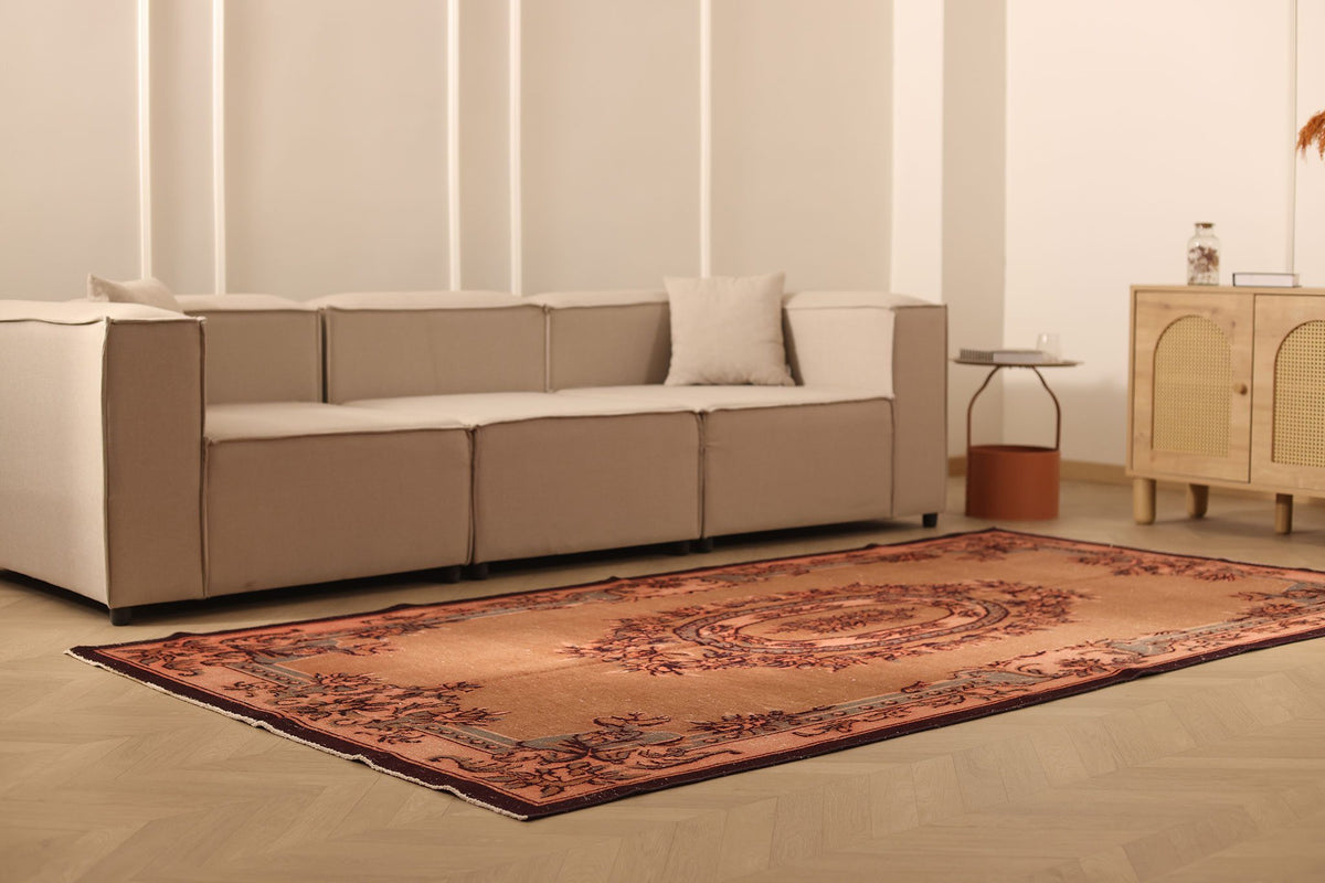 Vintage Isparta Turkish Area Rug 5x10 ft — Brown & Orange Floral