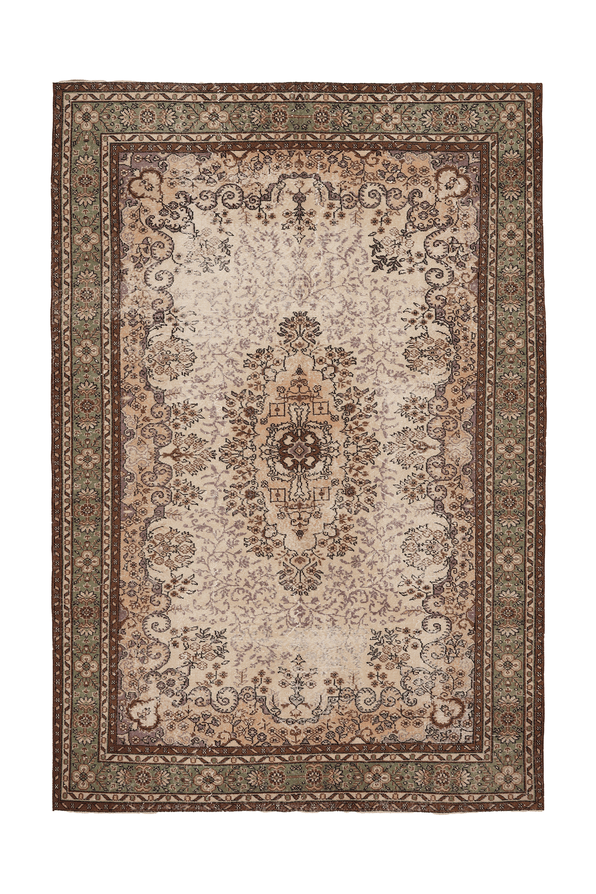 Vintage Isparta Turkish Area Rug 7x10 ft — Beige & Green Floral