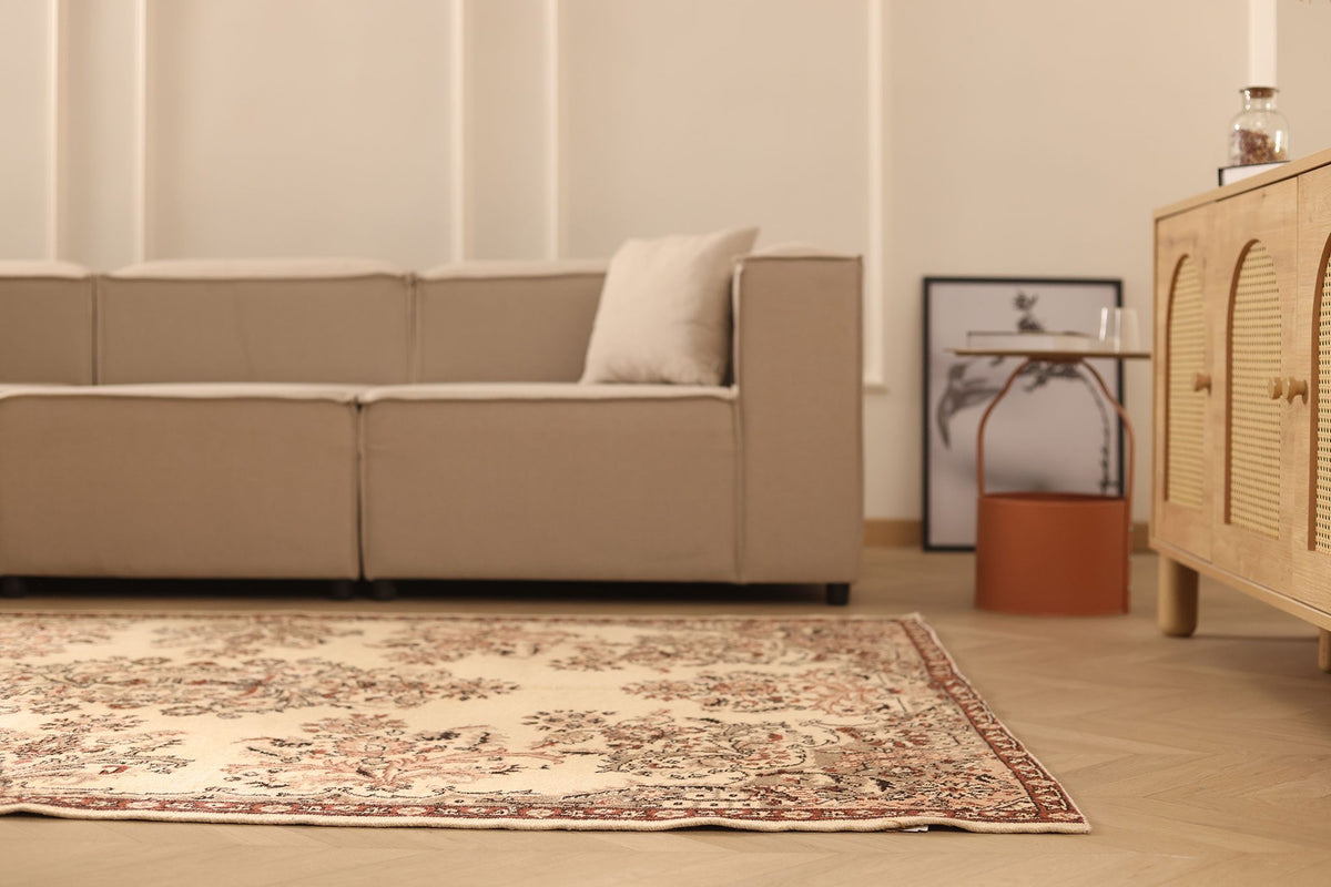 Vintage Isparta Turkish Area Rug 6x8 ft — Beige & Brown Floral