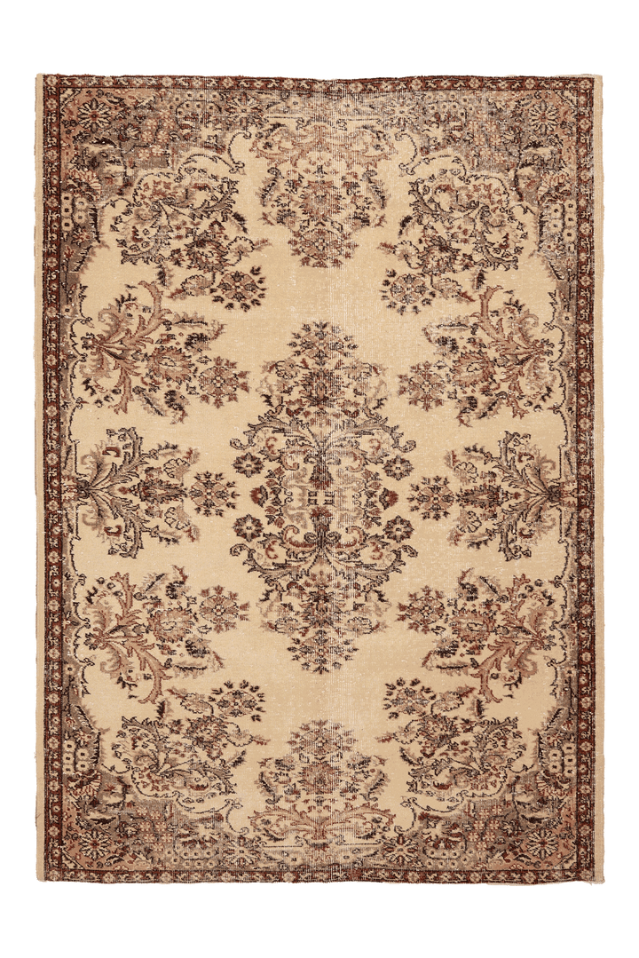 Vintage Isparta Turkish Area Rug 6x8 ft — Beige & Brown Floral