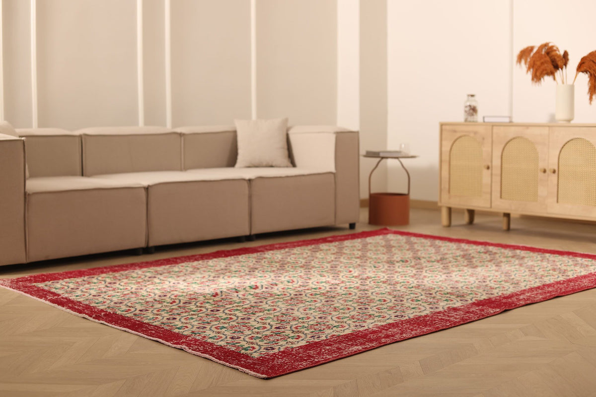 Vintage Burdur Turkish Area Rug 7x10 ft — Beige & Red Floral