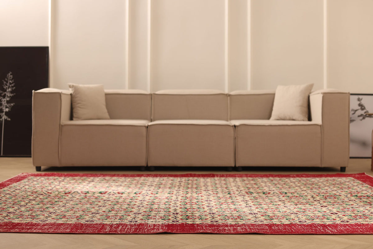 Vintage Burdur Turkish Area Rug 7x10 ft — Beige & Red Floral