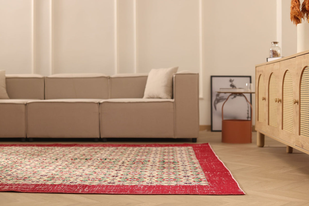 Vintage Burdur Turkish Area Rug 7x10 ft — Beige & Red Floral