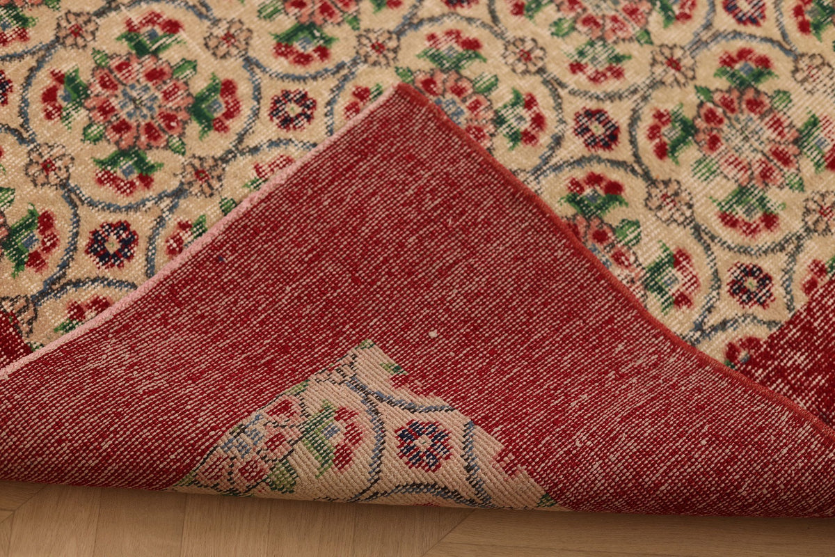 Vintage Burdur Turkish Area Rug 7x10 ft — Beige & Red Floral