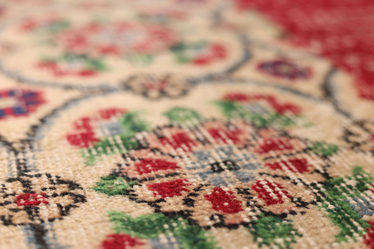 Vintage Burdur Turkish Area Rug 7x10 ft — Beige & Red Floral