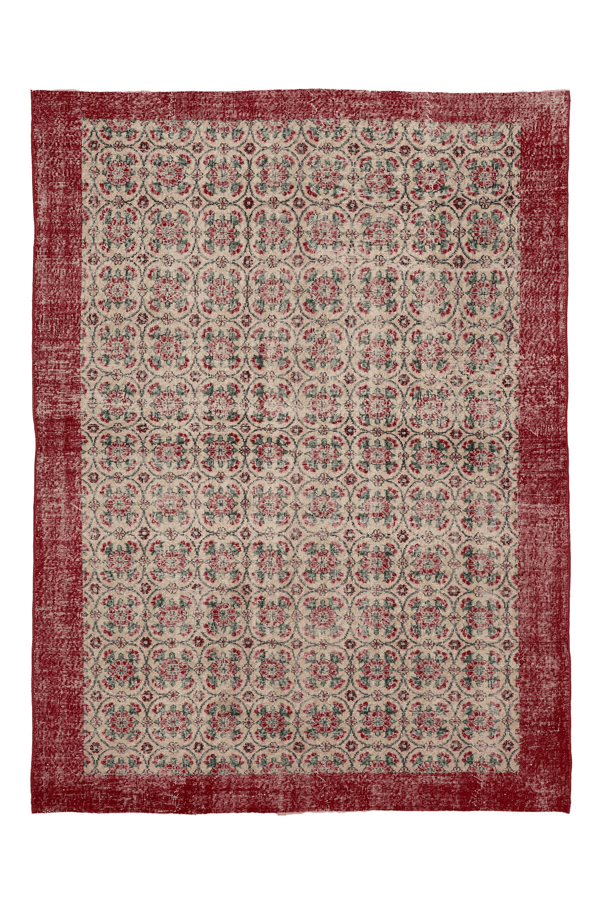 Vintage Burdur Turkish Area Rug 7x10 ft — Beige & Red Floral