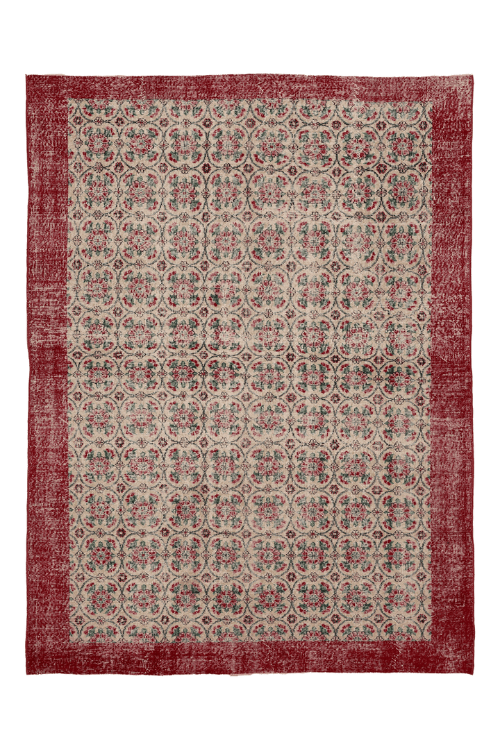 Vintage Burdur Turkish Area Rug 7x10 ft — Beige & Red Floral