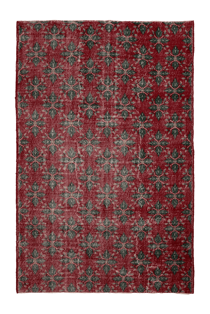 Vintage Isparta Turkish Area Rug 6x9 ft — Red & Green Floral