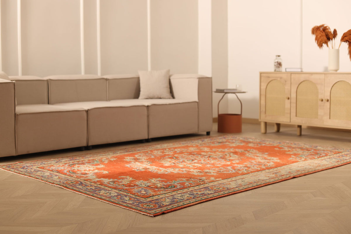 Vintage Manisa Turkish Area Rug 7x9 ft — Orange & Blue Floral