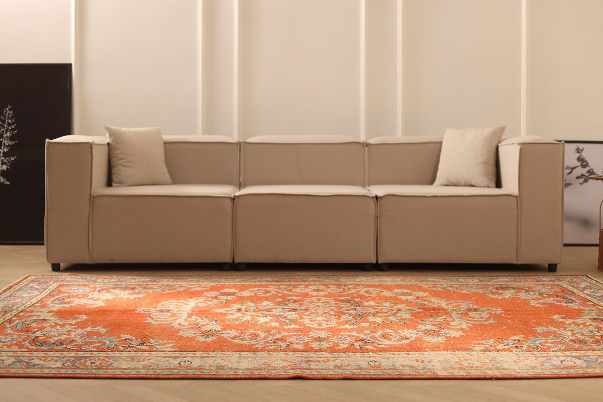 Vintage Manisa Turkish Area Rug 7x9 ft — Orange & Blue Floral