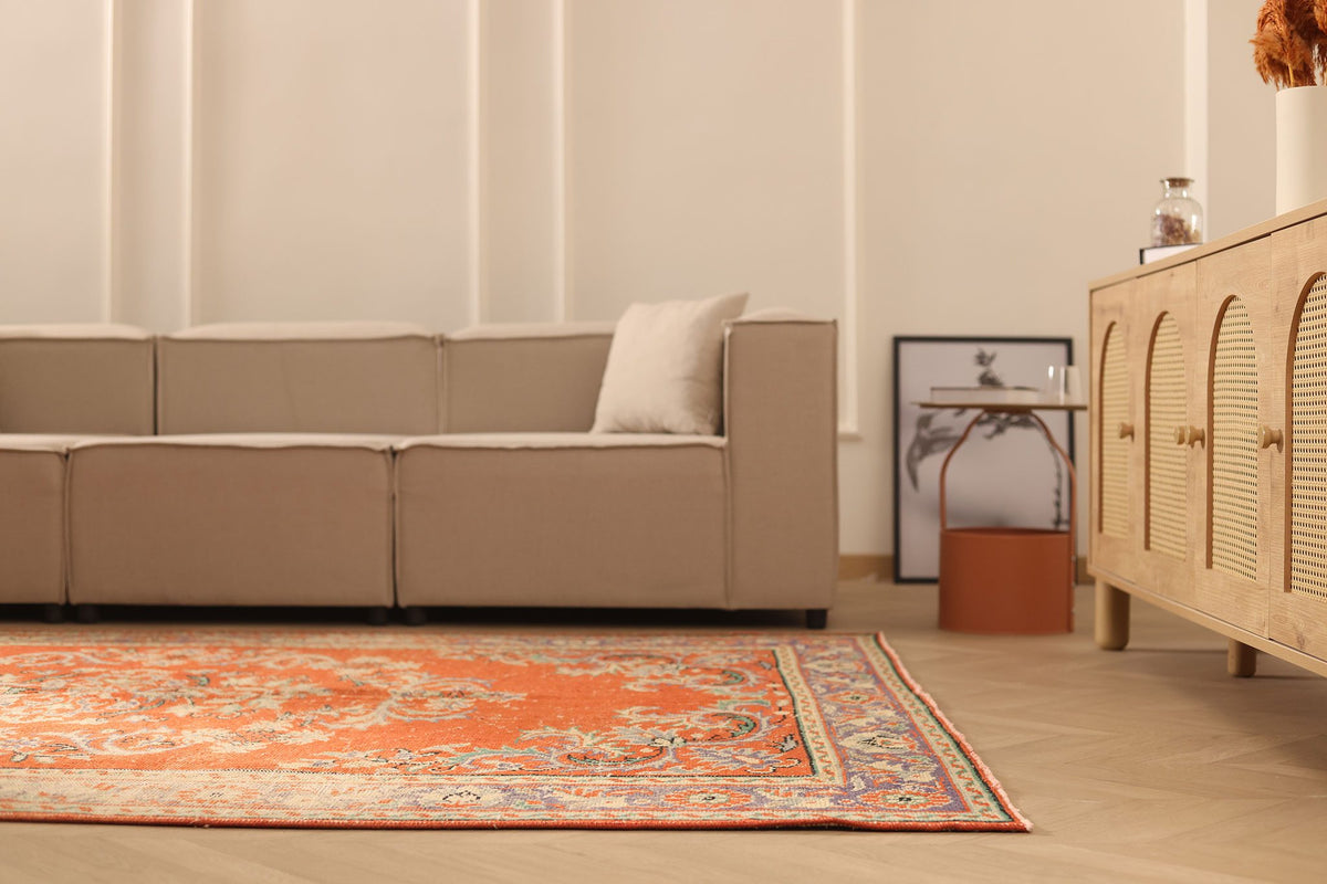 Vintage Manisa Turkish Area Rug 7x9 ft — Orange & Blue Floral