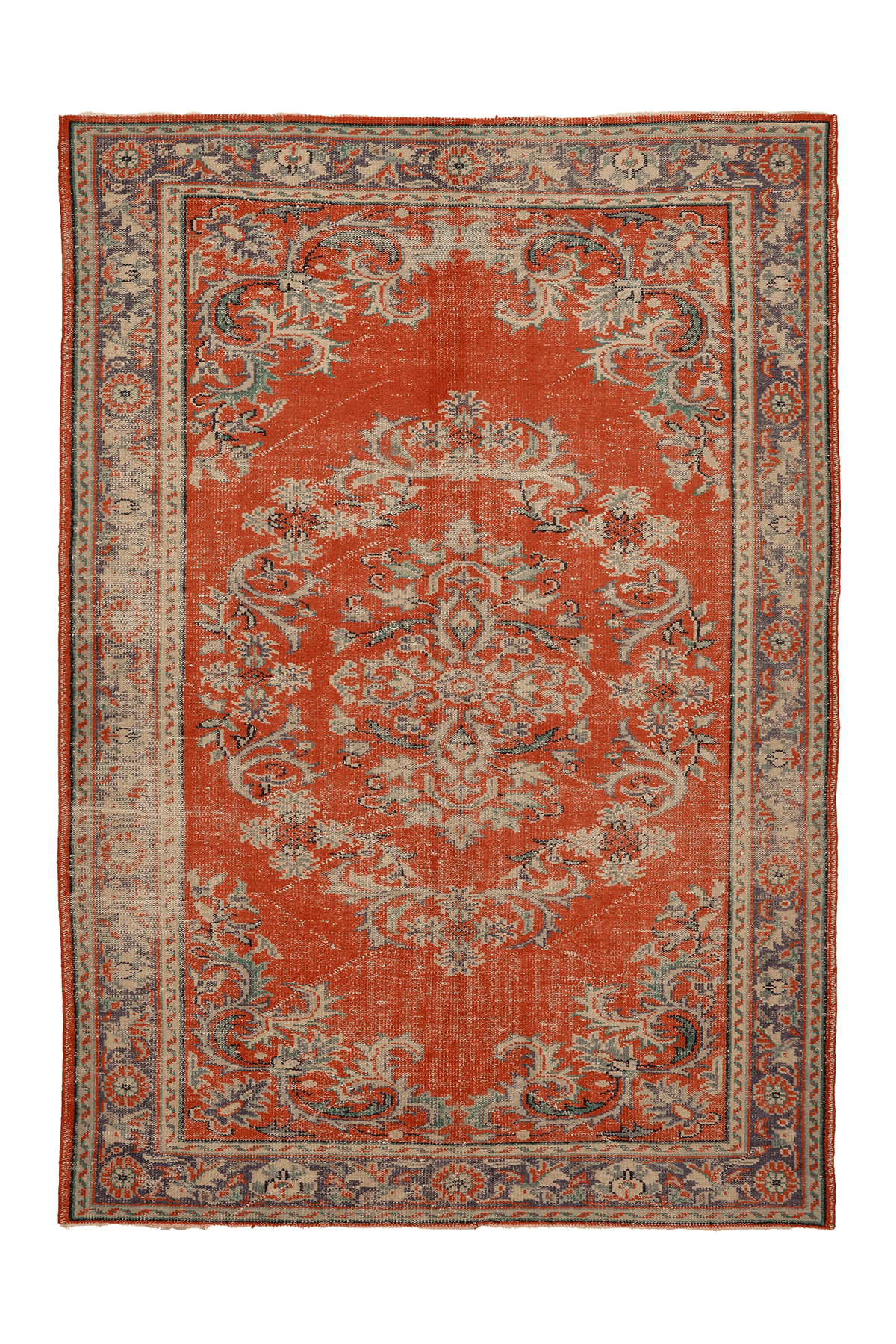 Vintage Manisa Turkish Area Rug 7x9 ft — Orange & Blue Floral