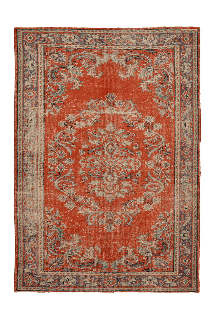 Vintage Manisa Turkish Area Rug 7x9 ft — Orange & Blue Floral