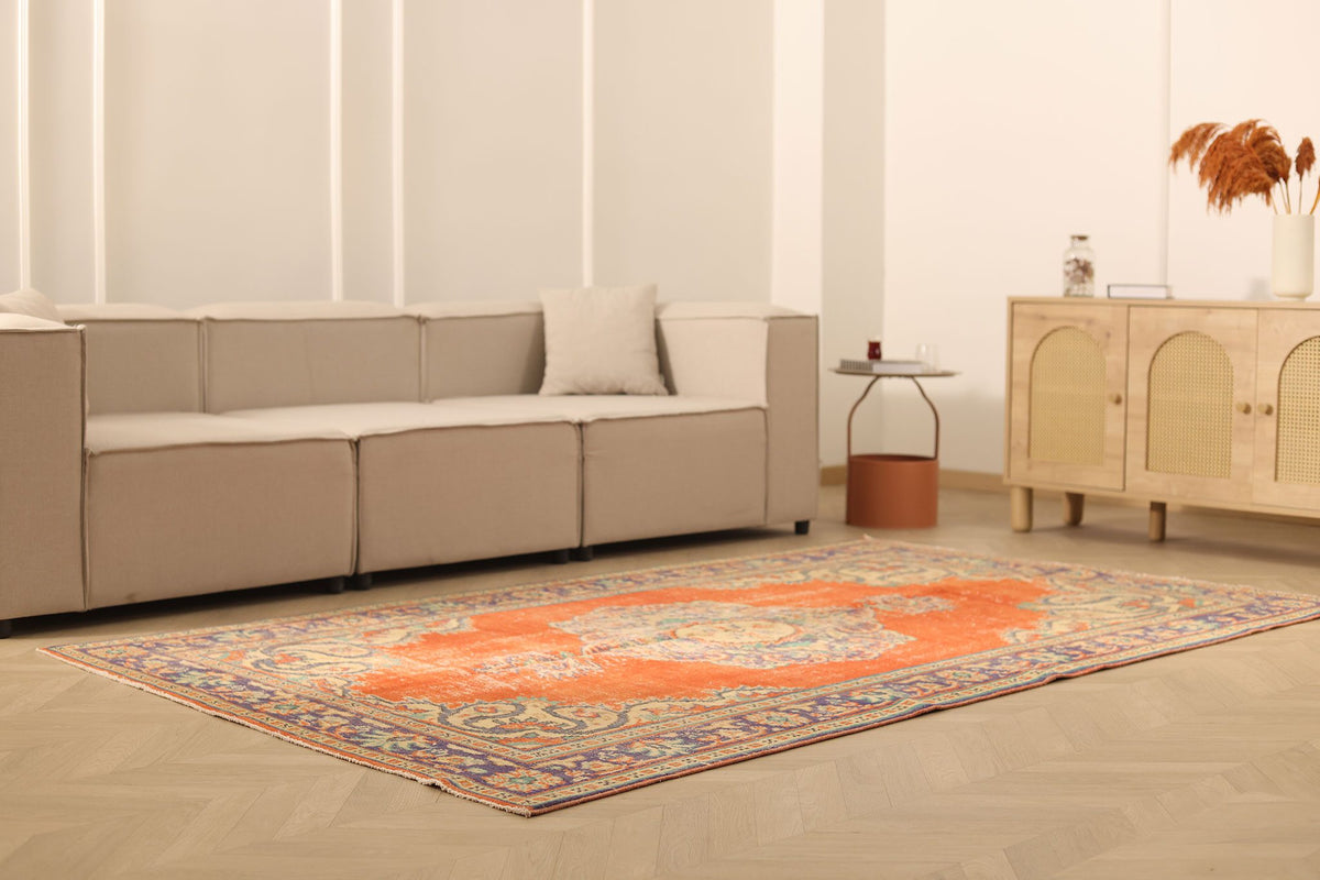 Vintage Manisa Turkish Area Rug 6x9 ft — Orange & Blue Floral