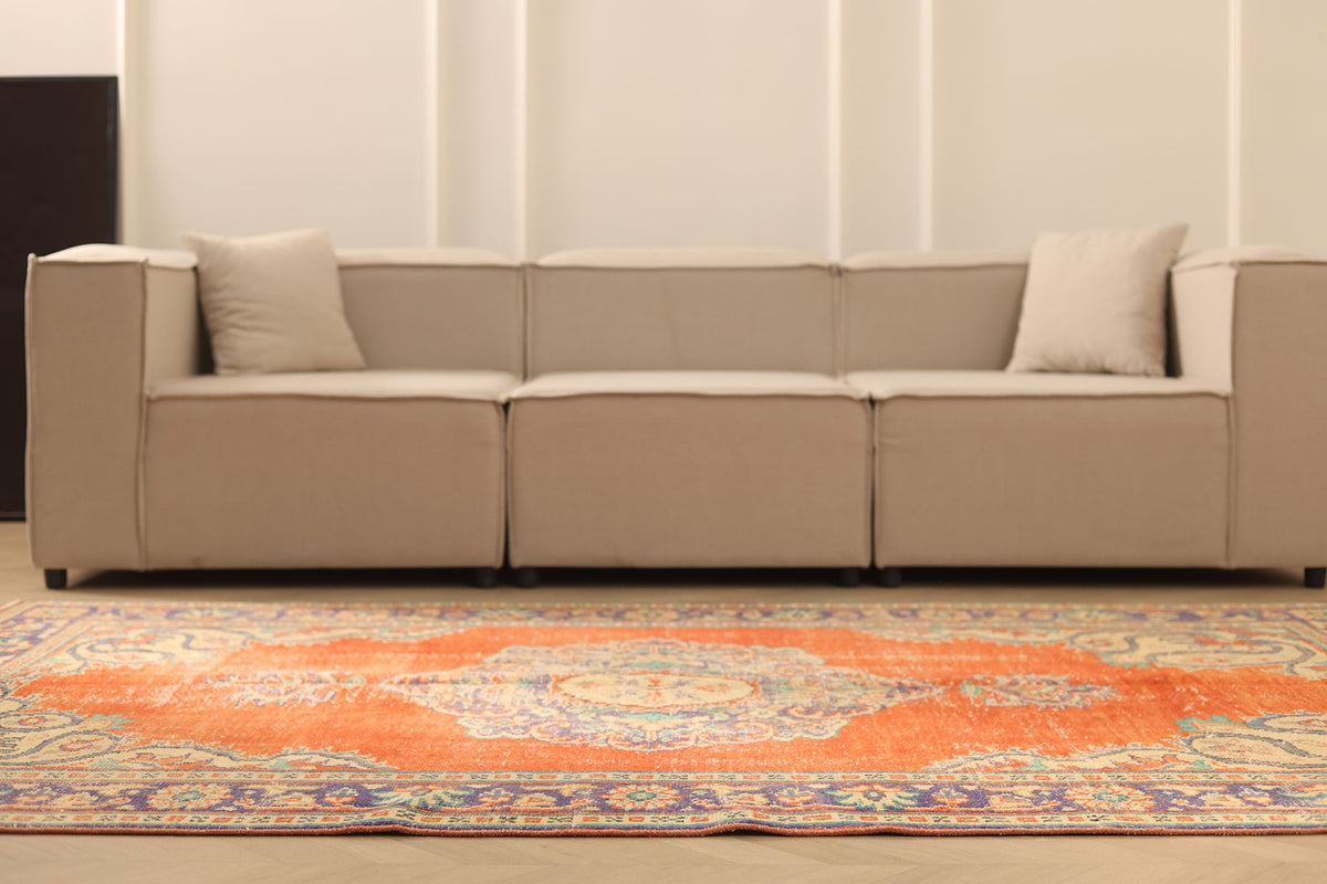Vintage Manisa Turkish Area Rug 6x9 ft — Orange & Blue Floral