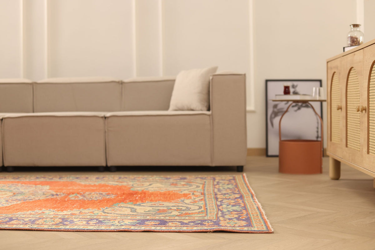 Vintage Manisa Turkish Area Rug 6x9 ft — Orange & Blue Floral
