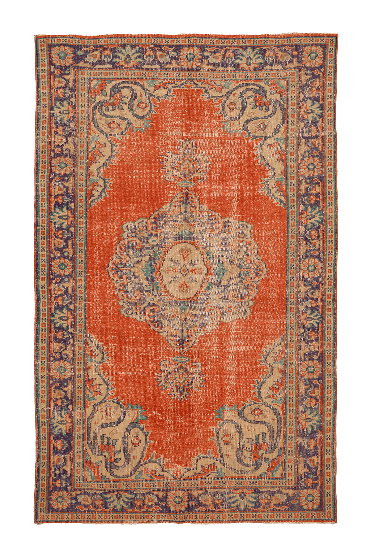 Vintage Manisa Turkish Area Rug 6x9 ft — Orange & Blue Floral