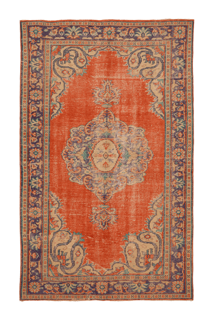 Vintage Manisa Turkish Area Rug 6x9 ft — Orange & Blue Floral