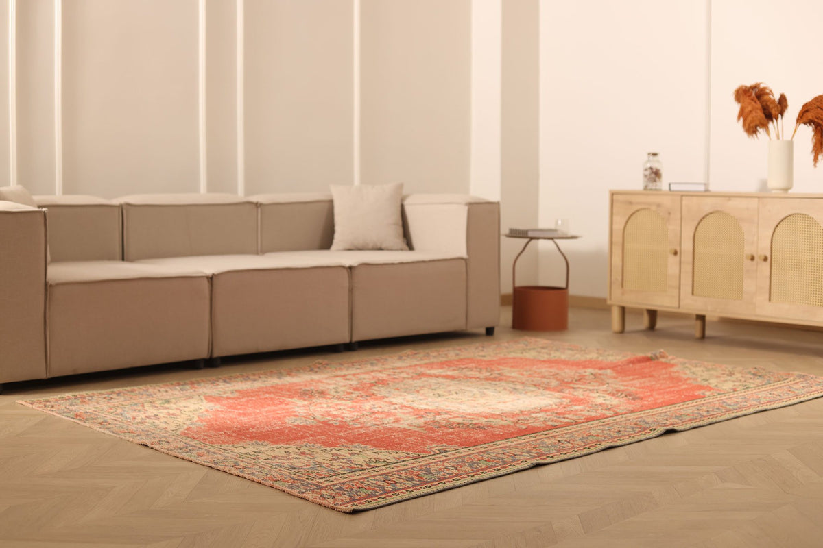 Vintage Manisa Turkish Area Rug 6x9 ft — Red & Beige Floral