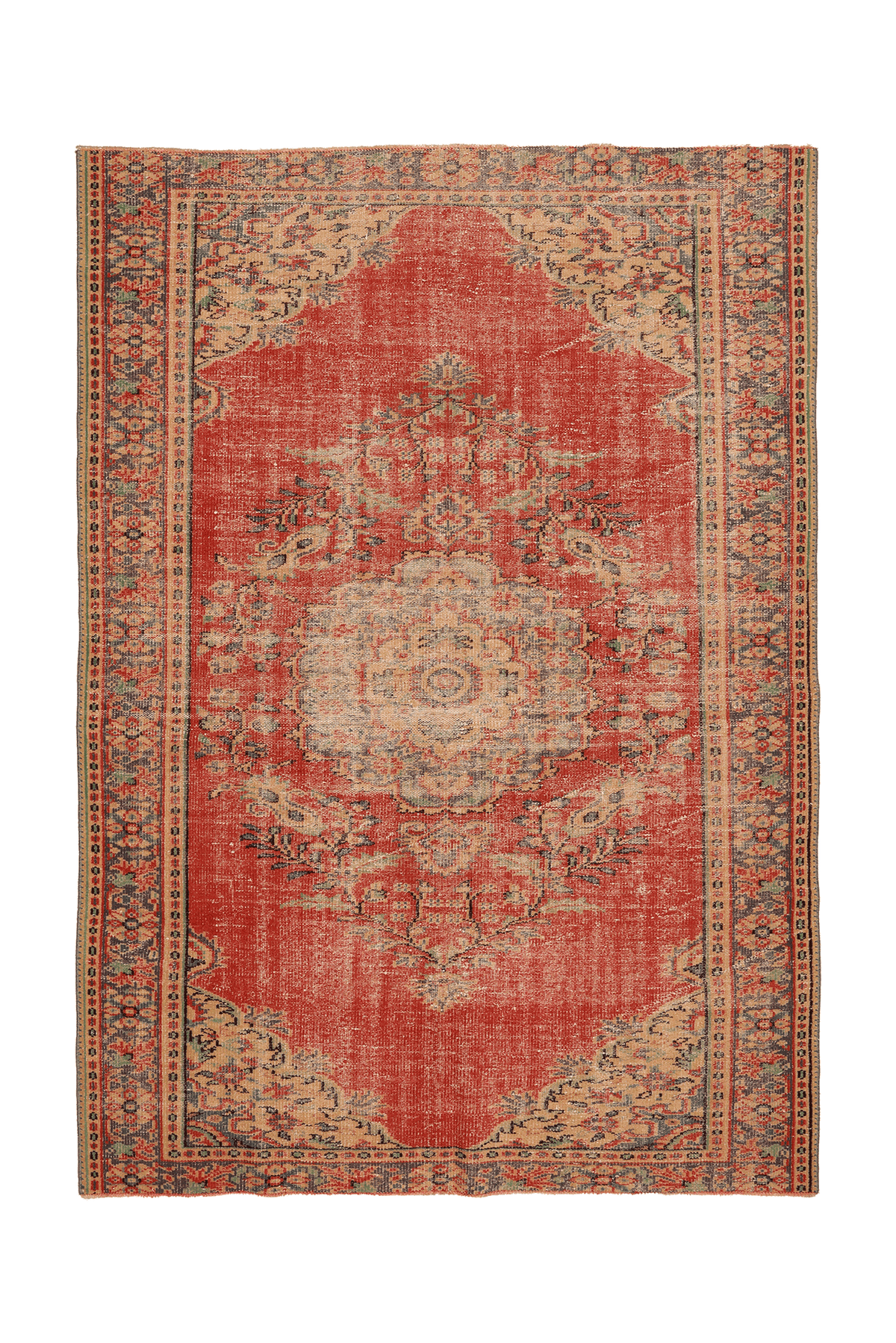 Vintage Manisa Turkish Area Rug 6x9 ft — Red & Beige Floral