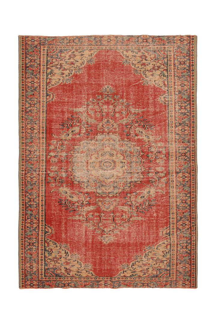 Vintage Manisa Turkish Area Rug 6x9 ft — Red & Beige Floral