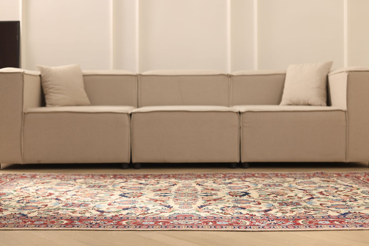Vintage Isparta Turkish Area Rug 5x8 ft — Beige & Red Floral