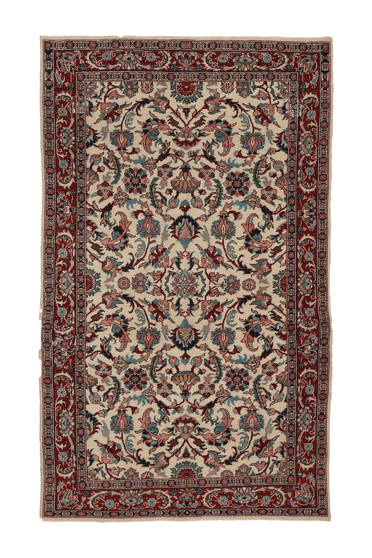Vintage Isparta Turkish Area Rug 5x8 ft — Beige & Red Floral