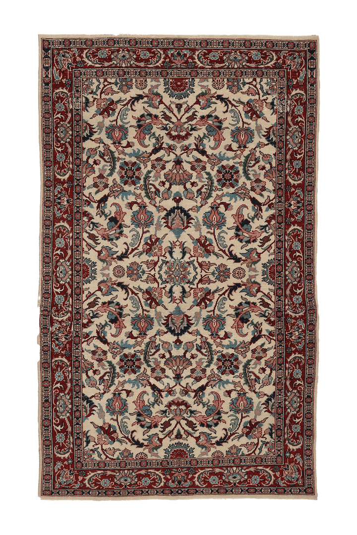 Vintage Isparta Turkish Area Rug 5x8 ft — Beige & Red Floral