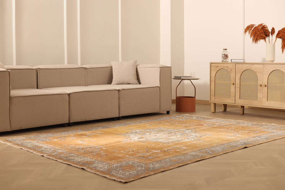 Vintage Isparta Turkish Area Rug 7x9 ft — Orange & Beige Floral