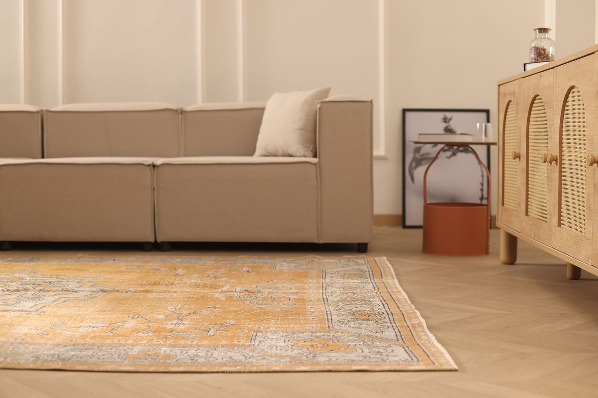 Vintage Isparta Turkish Area Rug 7x9 ft — Orange & Beige Floral
