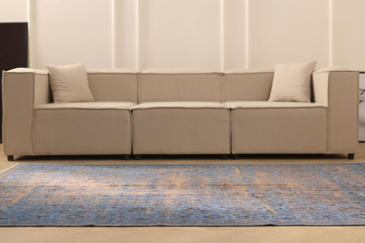 Vintage Manisa Turkish Area Rug 6x9 ft — Blue & Brown Floral